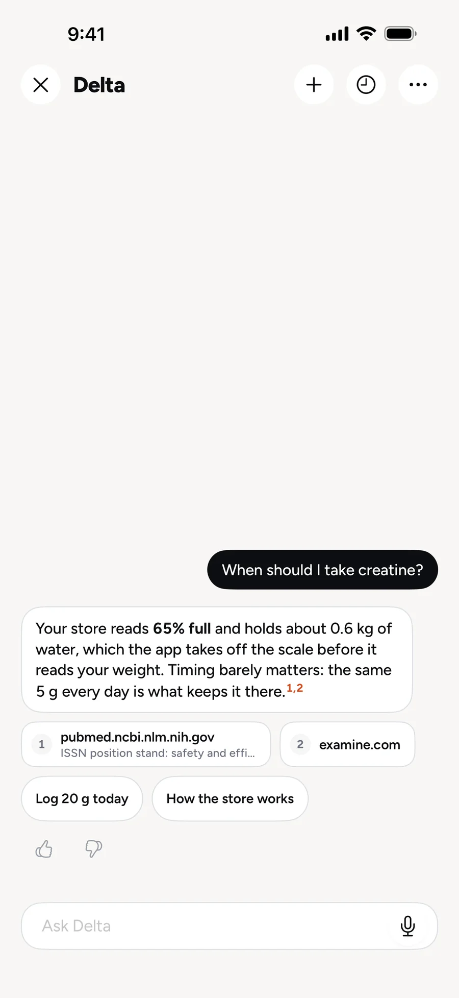 Delta explaining that the creatine store is 65% full and holds about 0.6 kg of water