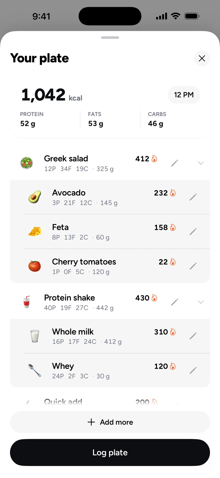 A plate read as a Greek salad and a protein shake, each split into its ingredients